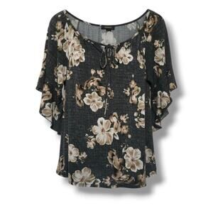 EXPRESSO Floral Flutter Sleeve Lace-Up Blouse XL – Black Beige Stretchy Top